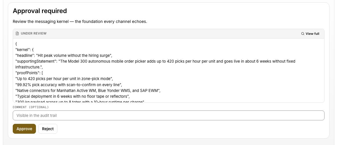 MyndHyve early build: an approval gate in the inbox asking a reviewer to approve or reject the generated messaging before any channel drafts are written.
